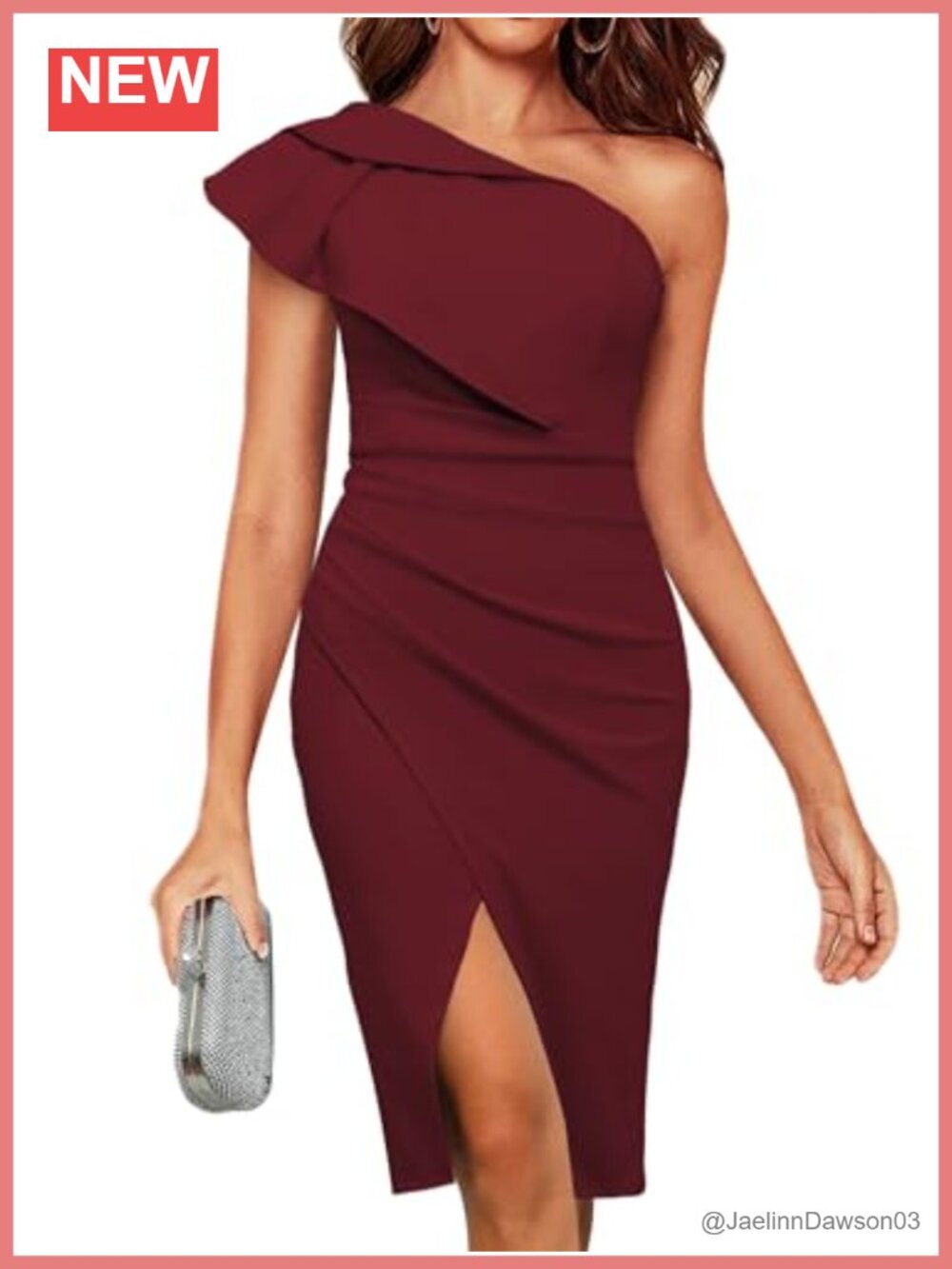Women's One Shoulder Ruffled Ruched Bodycon Midi Dress with Slit